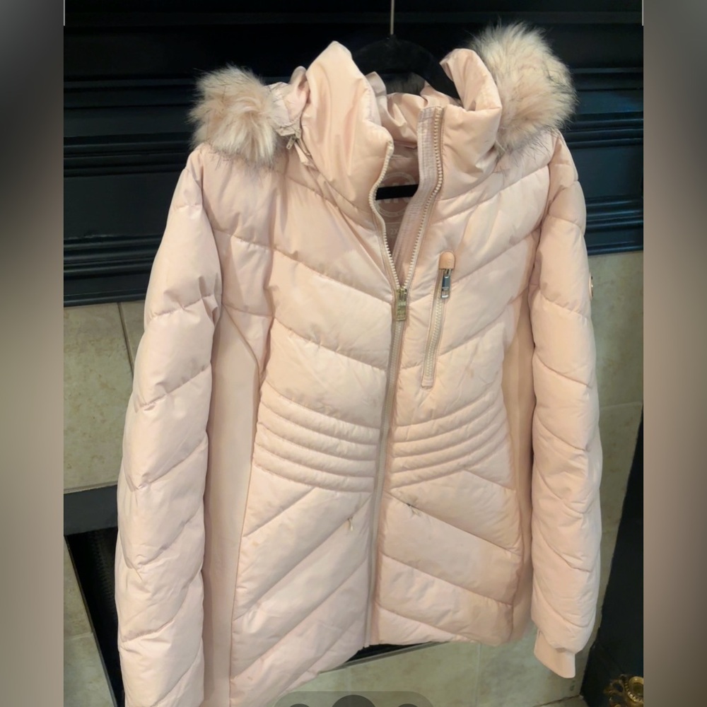 Women's MICHAEL KORS Pink Puffer Jacket with Faux Fur Hood- SIZE:2X